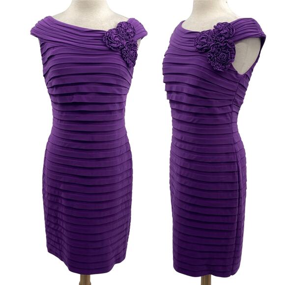 Adrianna Papell Pleated Sheath Dress Cocktail Floral Embellishment Purple 12 - Picture 1 of 12